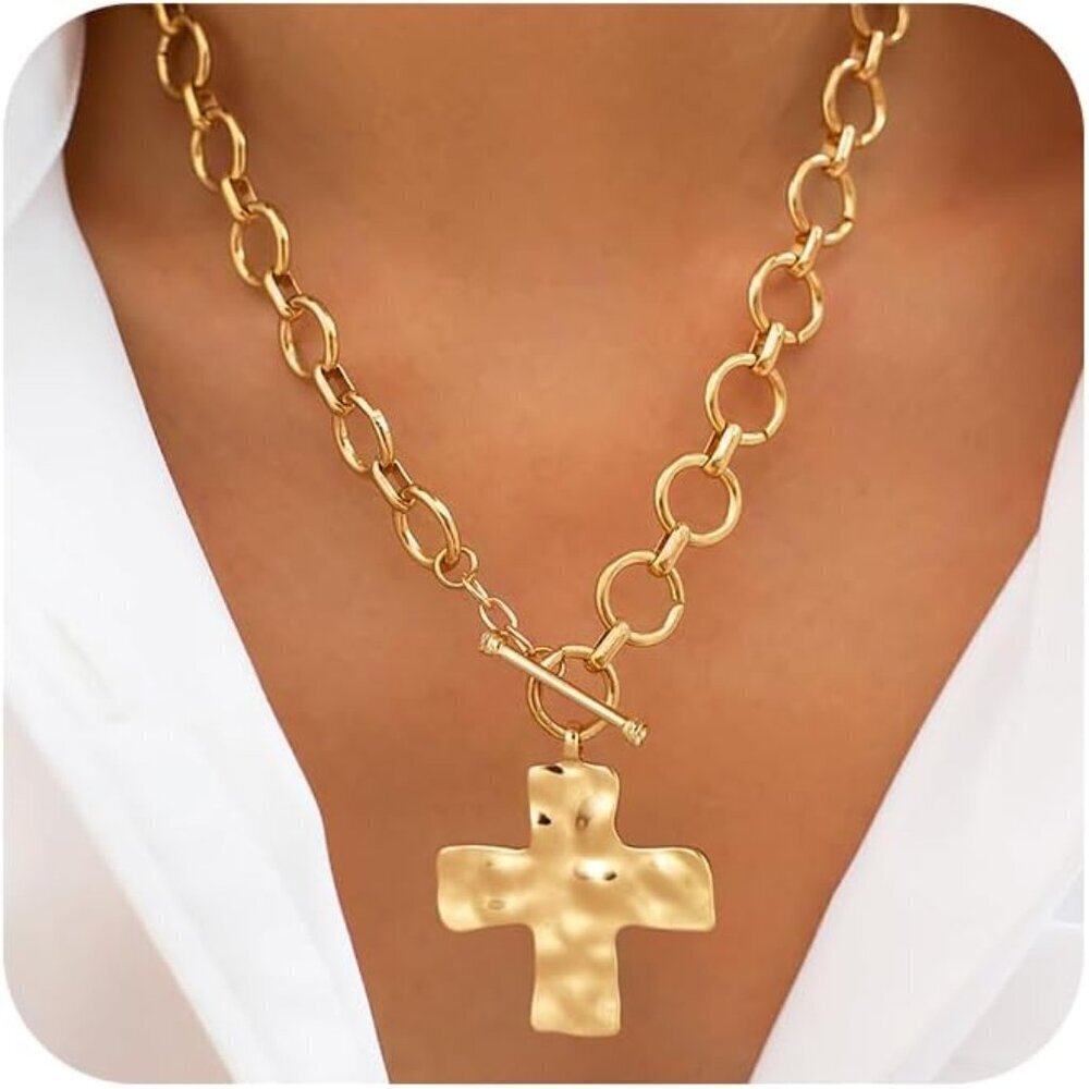 14K Gold  cross-gd Plated Chunky Layered Necklace | Paperclip Herringbone Chain